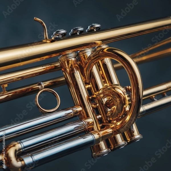 Fototapeta Close-up of a shiny trombone with detailed brass craftsmanship. -