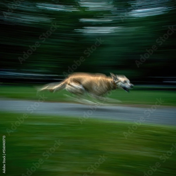 Fototapeta Motion blur captures the fast movement of a running dog in a park