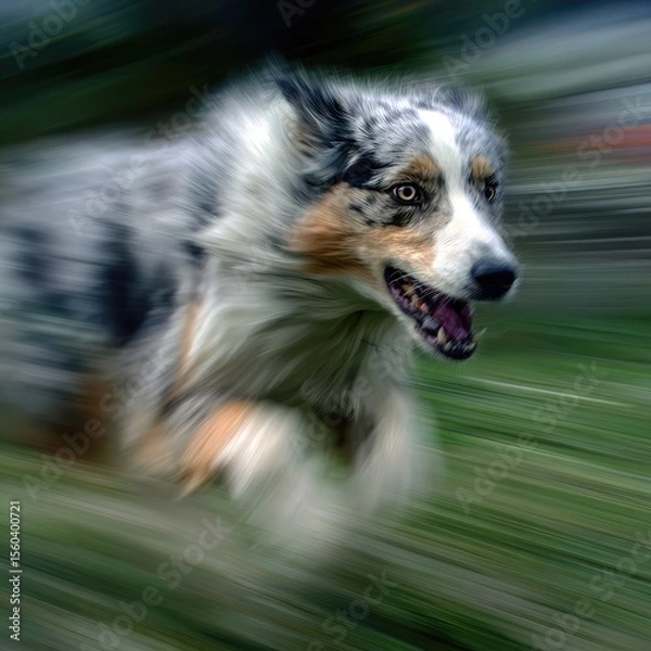Fototapeta Motion blur captures the fast movement of a running dog in a park