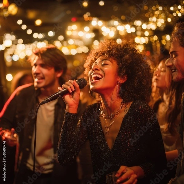 Fototapeta People laugh and cheer while someone sings karaoke at a party." --v 7 Job ID: 7cb27802-c8f4-4a26-aba8-86fe2a60819a