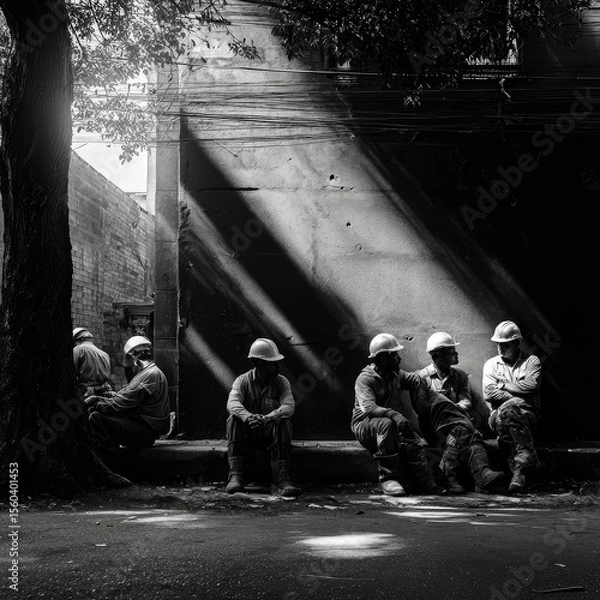 Fototapeta Workers take a midday break, relaxing in the warm noon sunlight