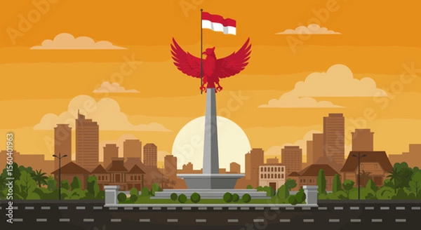 Obraz This vector image depicts the iconic Monas (National Monument) in Jakarta with a red bird soaring above, carrying the Indonesian flag.