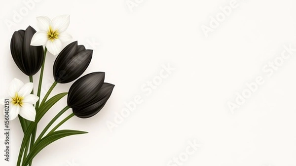 Fototapeta Elegant black and white flowers with green stems on a minimalist white background, creating a sophisticated and modern floral composition.