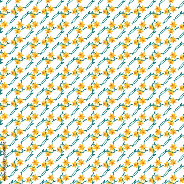 Fototapeta Seamless Pattern of Yellow Flowers with Green Stems on White Background