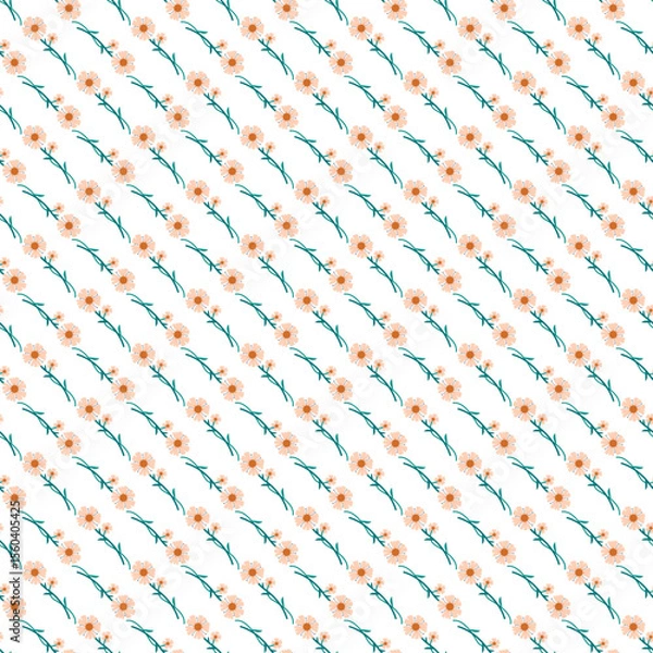 Fototapeta Seamless Pattern Featuring Delicate Flowers With Green Stems on White Background
