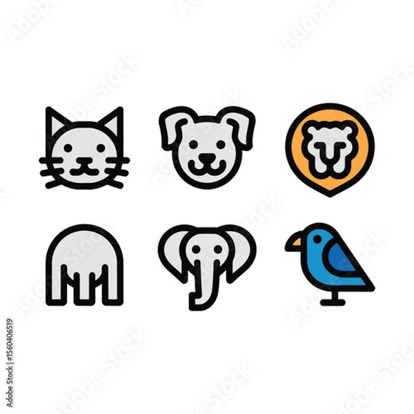 Fototapeta Cute Animal Icon Set – Color and Outline Style Vector Collection for Kids, Apps & Education

