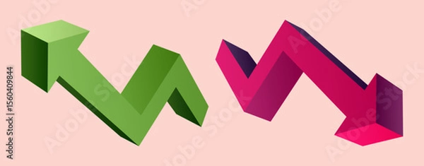 Fototapeta 3D upward and downward market trend arrows. This conceptual illustration is perfect for use in finance, economics and business analytics.