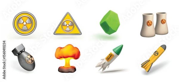 Fototapeta Cartoon 3D Nuclear Energy & Warfare Icons Set with a nuclear bomb, missile, uranium vector 3d icon