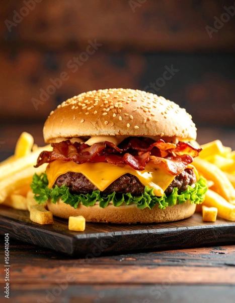 Fototapeta Sizzling gourmet burger with melted cheese and crispy bacon restaurant kitchen food photography rustic environment close-up view delicious indulgence