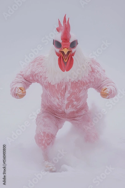 Fototapeta Anthropomorphic rooster with muscular build stands in snow, surreal and creative winter fantasy scene