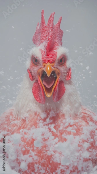 Fototapeta Muscular chicken with human arms standing in snow, surreal concept art character in winter setting