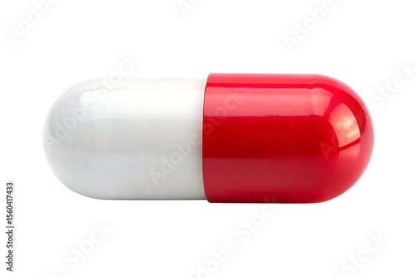 Fototapeta Single red and white capsule pill with glossy surface against a black background isolated on a transparent background