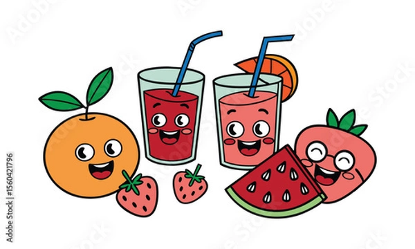 Fototapeta Cartoon Juices and Fruits with Smiling Faces Hand-Drawn Drink and Fruit Character Illustration