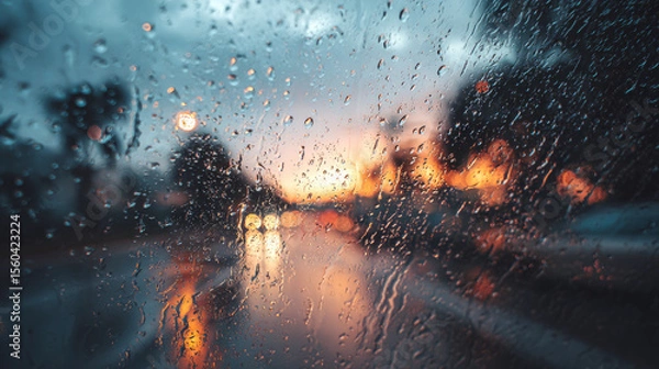 Obraz Rain drops on a window with a blurred city in the background during night time