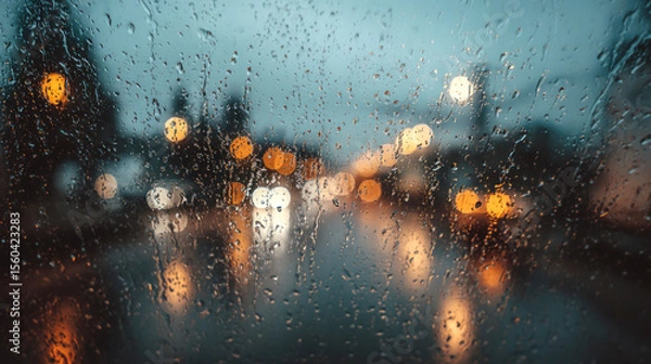 Obraz Rain drops on a window with a blurred city in the background during night time