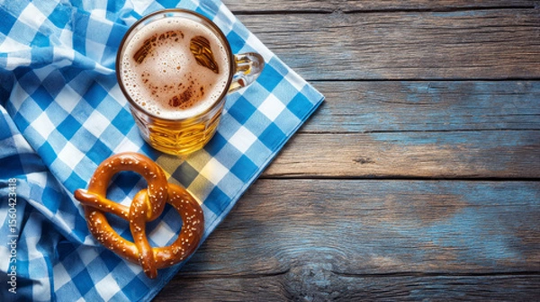 Obraz Beer glass and pretzel with blue white tablecloth on rustic wooden background. Oktoberfest concept