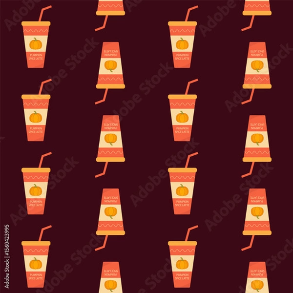 Obraz Seamless pattern with paper cup of pumpkin latte. Vector illustration