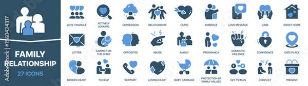Obraz Family and relationship colored signed icon collection. Set of fill Family and relationship icons. UI icon set. Colored icons pack. Vector illustration