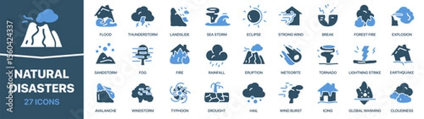 Obraz Natural disasters colored signed icon collection. Set of fill Natural disasters icons. UI icon set. Colored icons pack. Vector illustration