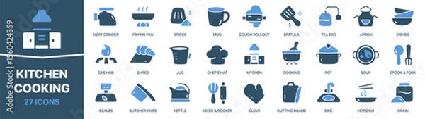 Obraz Kitchen and cooking colored signed icon collection. Set of fill Kitchen and cooking icons. UI icon set. Colored icons pack. Vector illustration