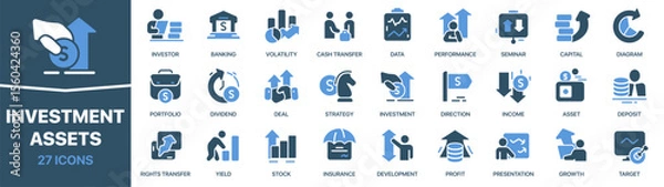 Obraz Investment and assets colored signed icon collection. Set of fill Investment and assets icons. UI icon set. Colored icons pack. Vector illustration