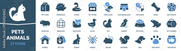 Obraz Pets and animals colored signed icon collection. Set of fill Pets and animals icons. UI icon set. Colored icons pack. Vector illustration