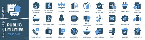 Obraz Public utilities colored signed icon collection. Set of fill Public utilities icons. UI icon set. Colored icons pack. Vector illustration