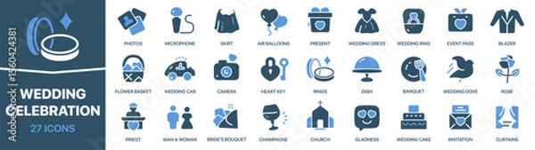 Obraz Wedding celebration colored signed icon collection. Set of fill Wedding celebration icons. UI icon set. Colored icons pack. Vector illustration