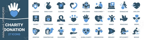 Obraz Charity and donation colored signed icon collection. Set of fill Charity and donation icons. UI icon set. Colored icons pack. Vector illustration