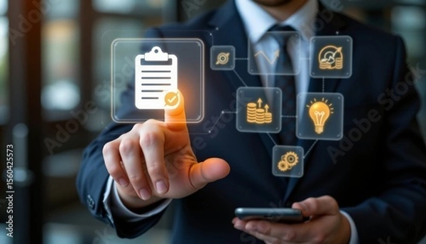 Fototapeta a businessman in a dark suit is interacting with a futuristic virtual interface