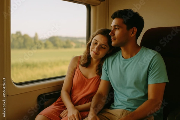 Fototapeta Young couple relaxing while traveling by train and looking out window