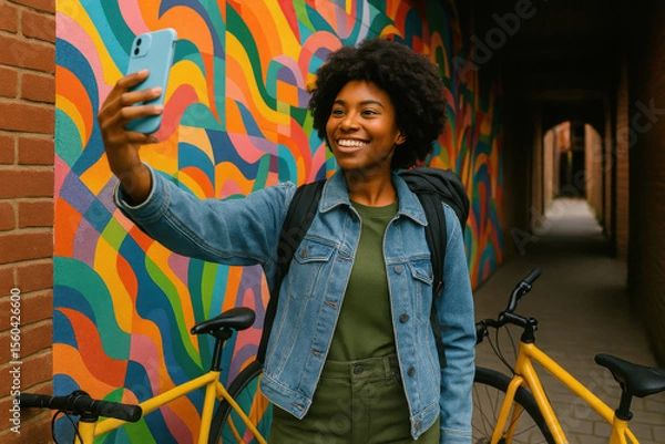 Fototapeta Smiling student taking selfie near her bicycle with colorful background