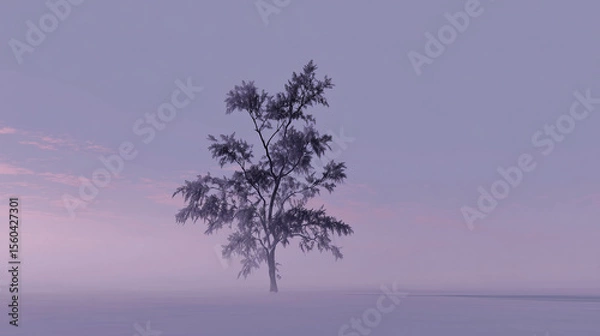 Fototapeta Peaceful Minimalist Scenery with Fog, Mountains, and a Lone Tree