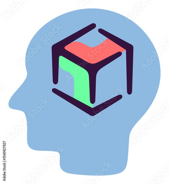 Fototapeta Human head with 3D cube inside and modeling. Cybernetic, artificial intelligence, measurement and dimensions, illustration