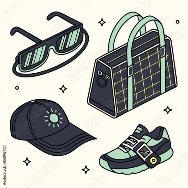 Fototapeta Isometric illustration of a cap with sun, sunglasses, bag and sneakers on a light background