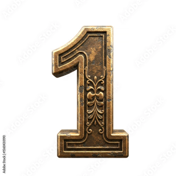 Fototapeta Old Bronze 3D number 1 on a white background