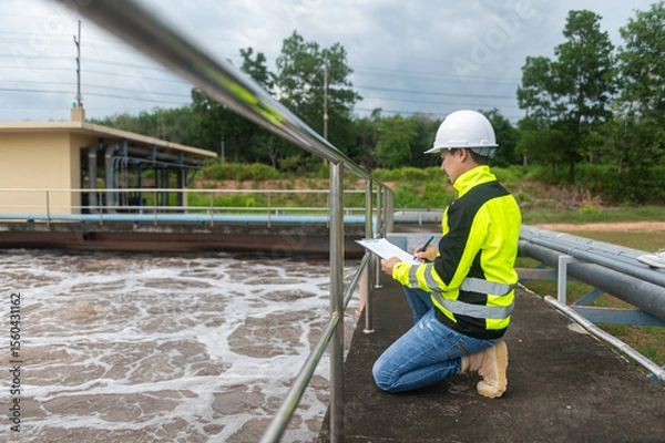 Fototapeta Two engineers are inspecting the operation of a wastewater treatment plant