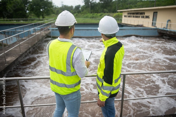 Fototapeta Two engineers are inspecting the operation of a wastewater treatment plant