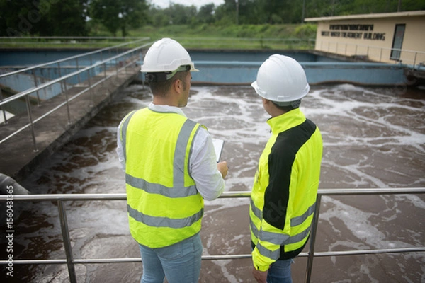 Fototapeta Two engineers are inspecting the operation of a wastewater treatment plant