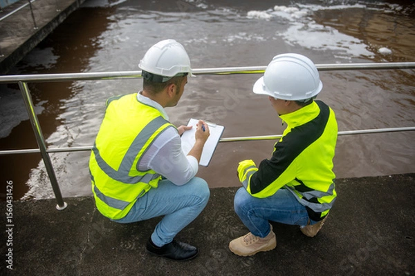 Fototapeta Two engineers are inspecting the operation of a wastewater treatment plant