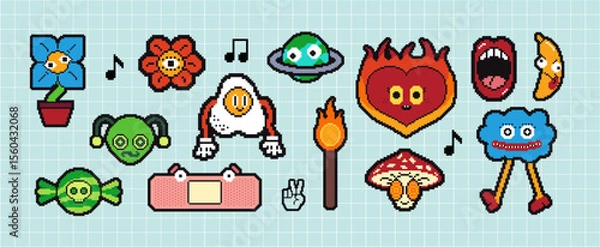 Obraz Pixels Y2k funny playful emoticon, emoji faces, icon stickers. . 8-bit retro style vector illustration for social media. Set of pixel art. Emoji pixelated icons.