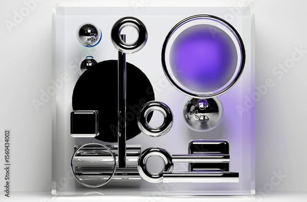 Obraz 3d render with abstract art, with surreal geometry, soft figures as spheres, boxes, rings, cubes, tubes in silver metal material, glass, and aluminium on a light grey background