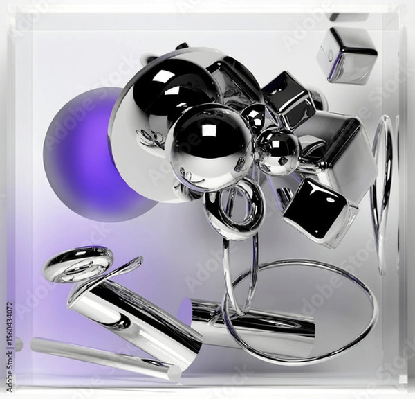 Obraz 3d render with abstract art, with surreal geometry, soft figures as spheres, boxes, rings, cubes, tubes in silver metal material, glass, and aluminium on a light grey background