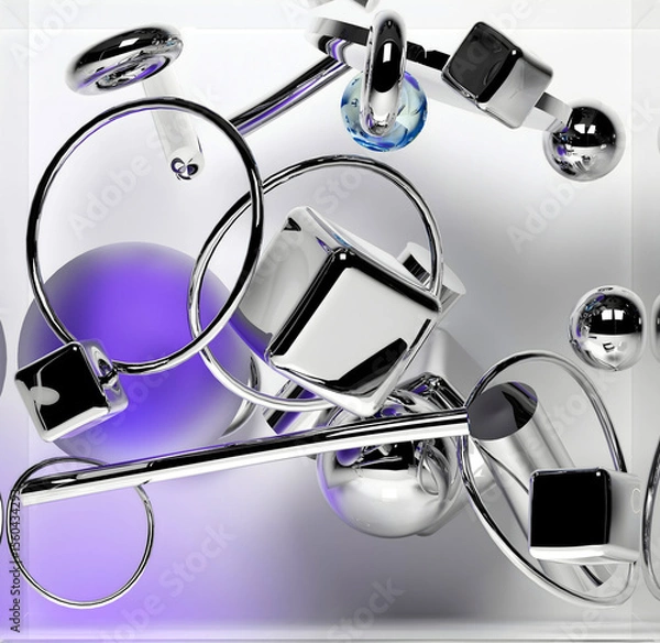 Obraz 3d render with abstract art, with surreal geometry, soft figures as spheres, boxes, rings, cubes, tubes in silver metal material, glass, and aluminium on a light grey background