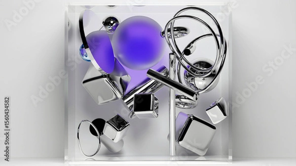 Obraz 3d render with abstract art, with surreal geometry, soft figures as spheres, boxes, rings, cubes, tubes in silver metal material, glass, and aluminium on a light grey background