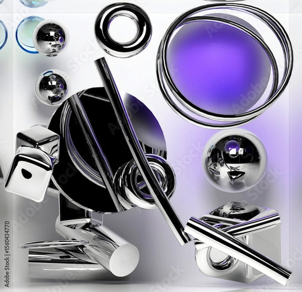 Obraz 3d render with abstract art, with surreal geometry, soft figures as spheres, boxes, rings, cubes, tubes in silver metal material, glass, and aluminium on a light grey background