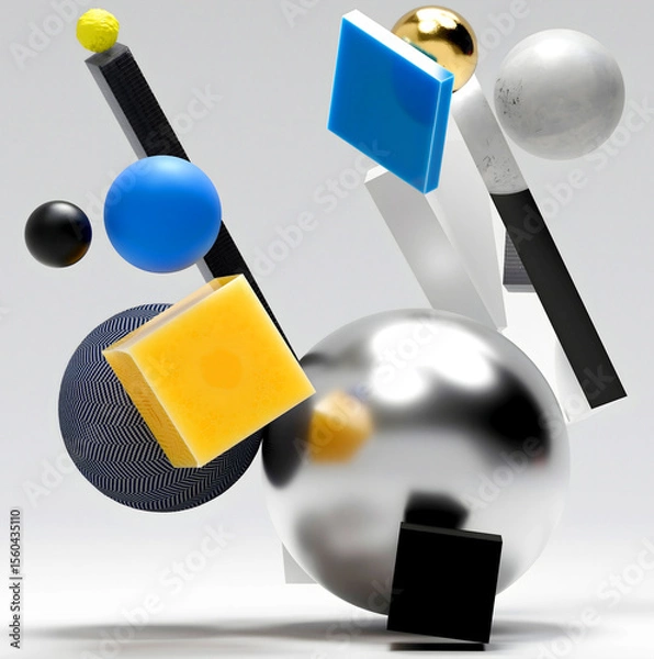 Obraz 3d render of abstract art with surreal big and small geometry figures as sphere, ball, square boxes, flying in a random way inside a big invisible cube on a light grey background
