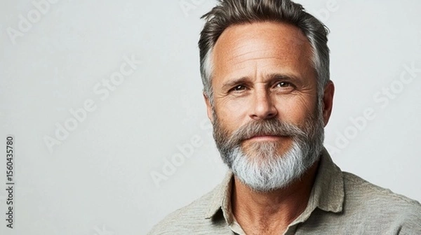 Obraz Confident mature man with distinguished gray beard and stylish haircut posing against neutral background with thoughtful, experienced expression