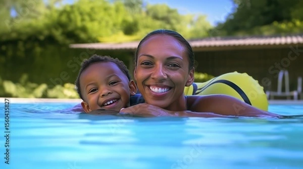Fototapeta Portrait of a happy mother with her son having fun in pool. Mom and boy swims in the pool after going down the water slide in summer