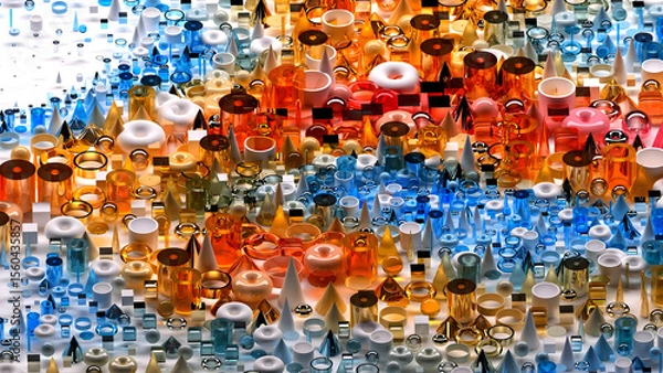 Obraz 3d render of abstract art surreal 3d background based on geometric figures, particles as torus rings spheres balls cones cubes boxes cylinders in glass plastic and silver metal materials on white back